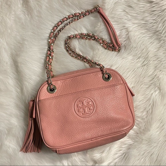Tory Burch Handbags - Tory Burch Bag Purse Bombe Crossbody Chain Pink Pebbled Leather Tassel 50652